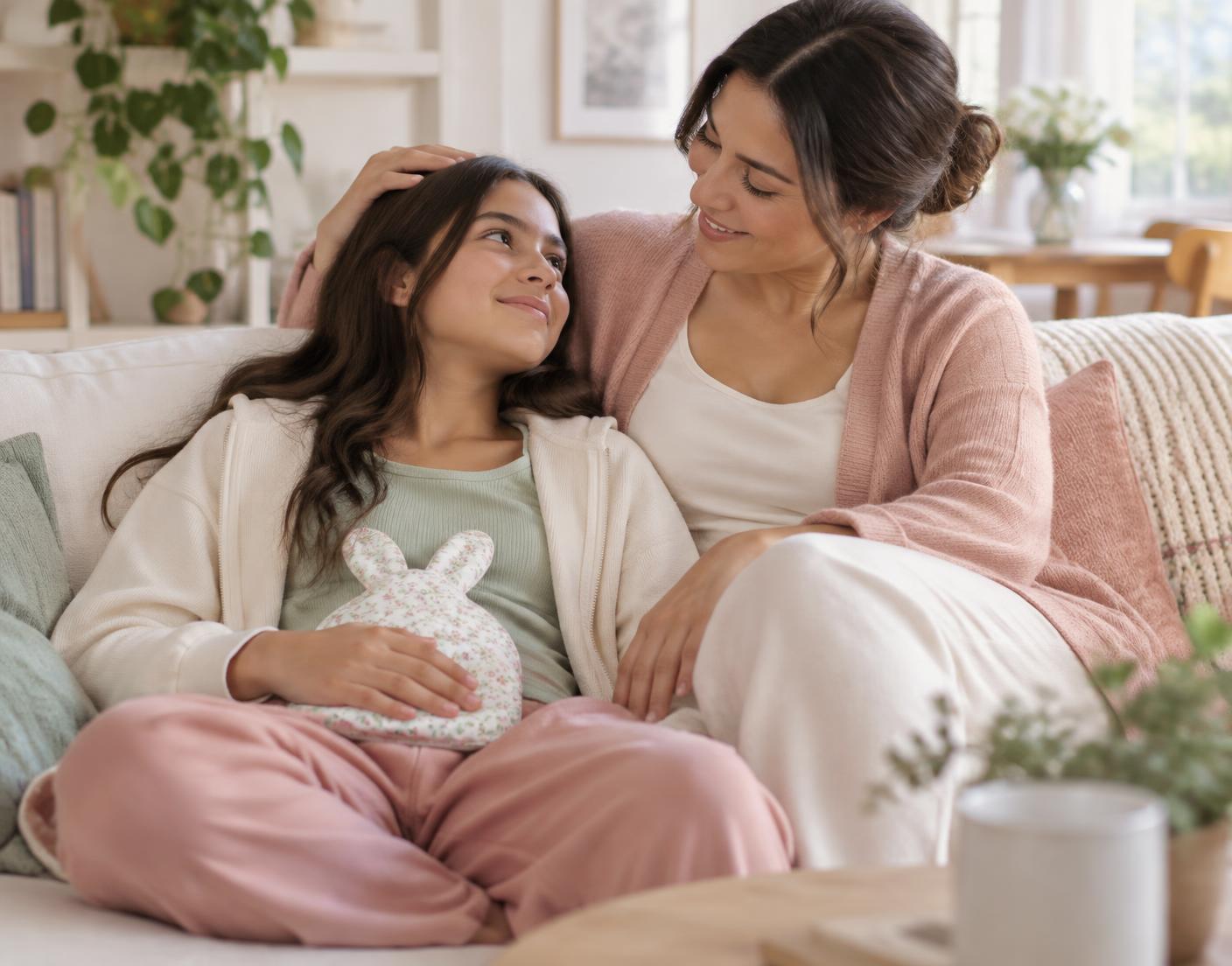 Mamá acompañando a su hija mientras usa una compresa NÜMA