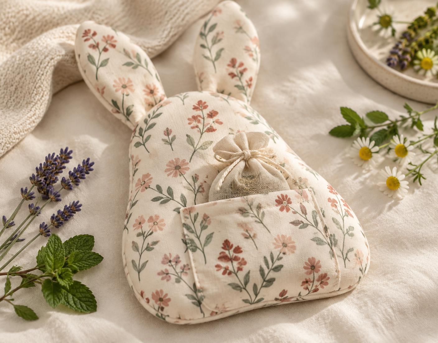 Compresa NÜMA de algodón floral con forma de conejo y bolsita aromática